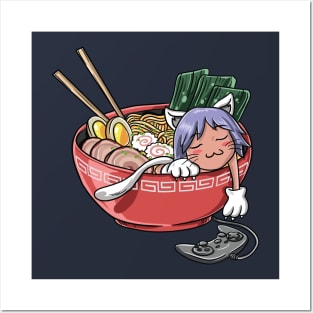 Cute Kawaii Chibi Anime Cat Gamer Ramen Noodles Gift Posters and Art